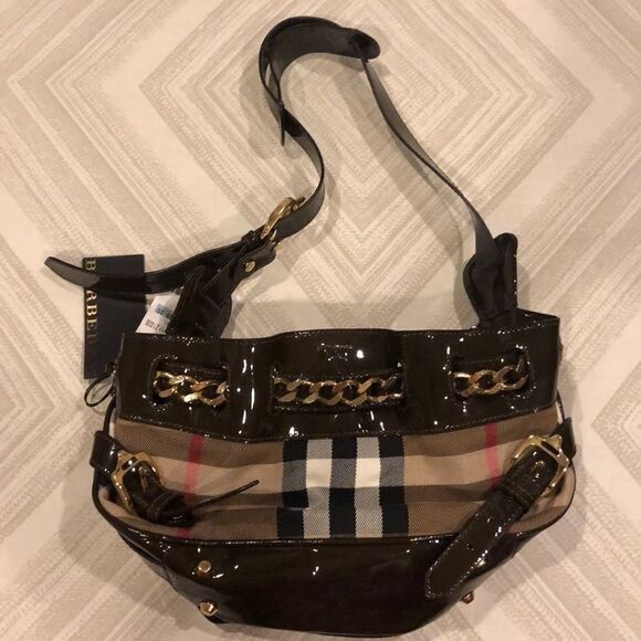 BURBERRY Prosum Brown Patent & Plaid Canvas Chain Link Shoulder Bag - Picture 1 of 11